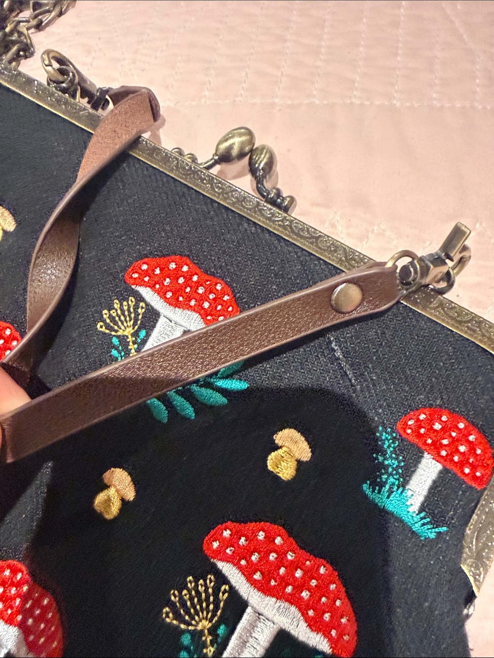 Embroidered Red Mushroom Frame Crossbody Bag - Women Bags - Picture 4 of 7